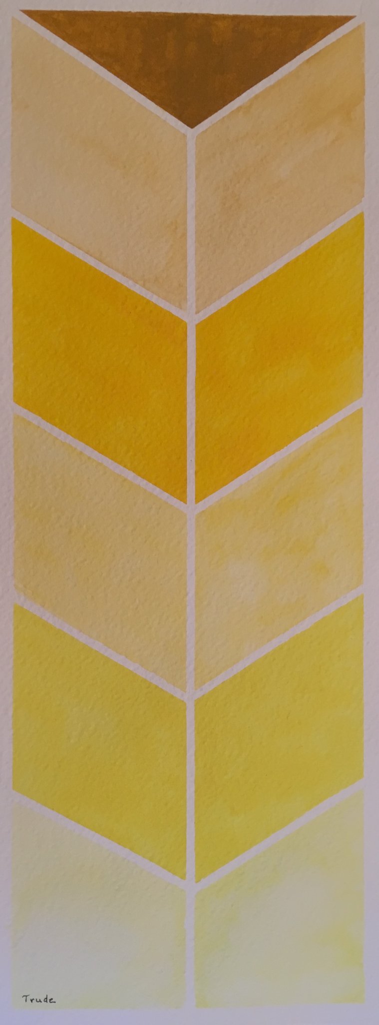 Tall chevron arrow built from alternating gold and cream parallelograms on pale ground